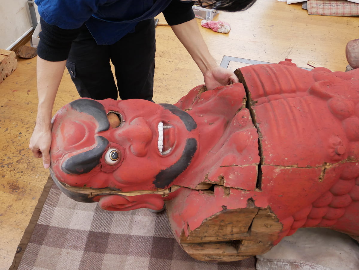 阿形仁王像 頭部解体作業